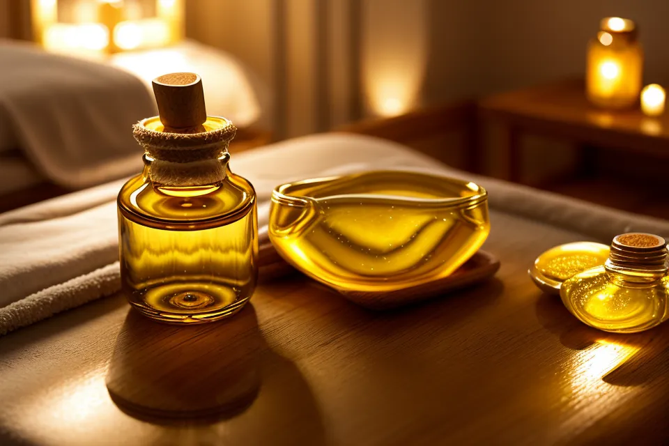 Aceite de masaje dorado vertiéndose sobre un rodillo de madera profesional.