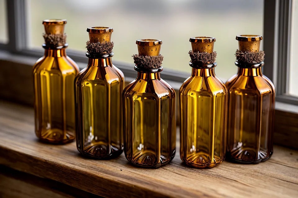 Frascos de aceites esenciales de abedul y romero para mezclas de maderoterapia.
