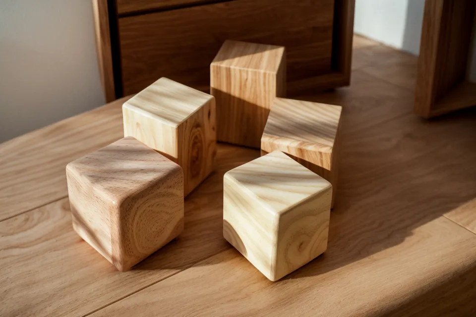 Rodillo corporal de cuatro cubos de madera sobre toalla de lino