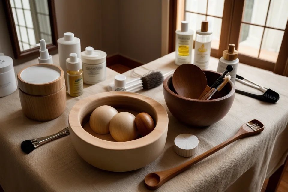 Set de 7 piezas de un kit de maderoterapia facial profesional para papada, en madera de urapán curada sobre toalla blanca
