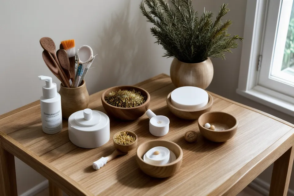Curado con aceite de almendras de las herramientas de un kit de maderoterapia facial antes de tratar la papada