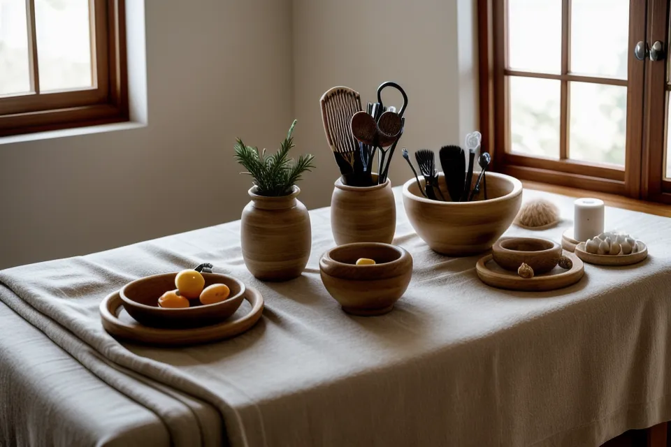 Rincón de trabajo con un kit de maderoterapia facial, herramientas de madera y aceites para tratar la papada en un estudio en Málaga