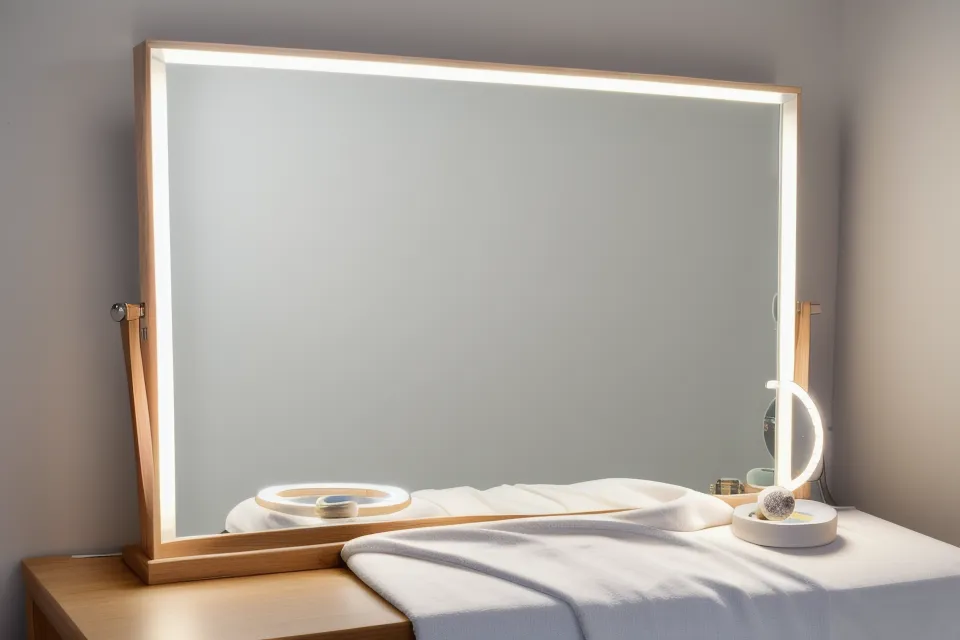 Espejo con luz LED frontal en cabina de estética, iluminación uniforme sin sombras en el rostro