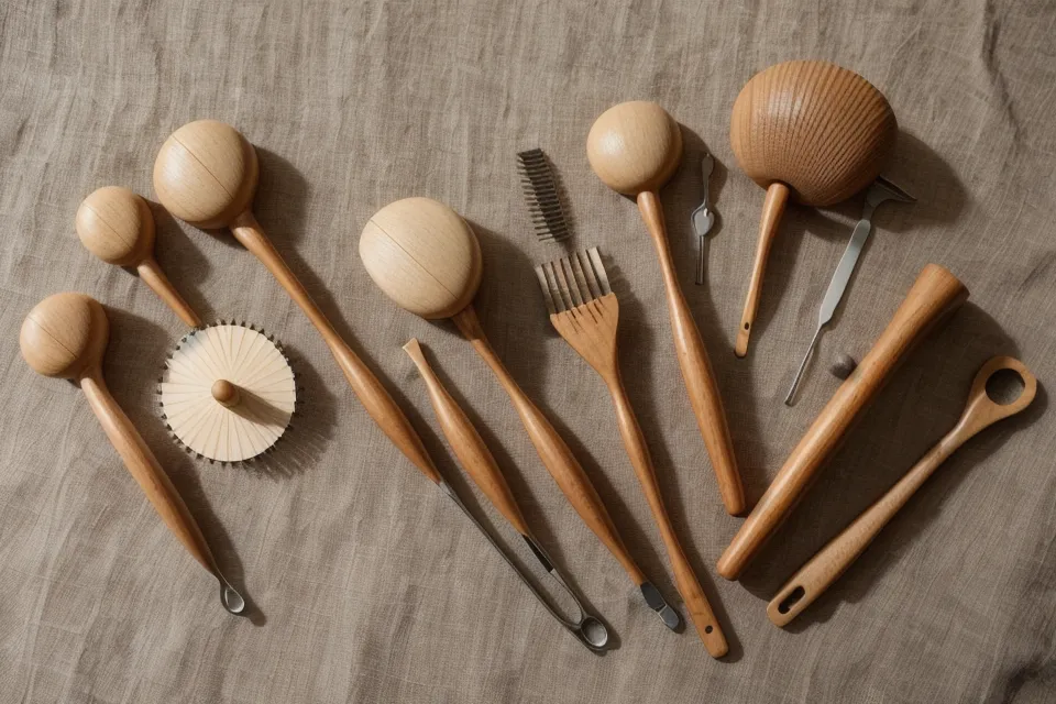 Kit completo de herramientas de madera para maderoterapia facial sobre una tela de lino natural