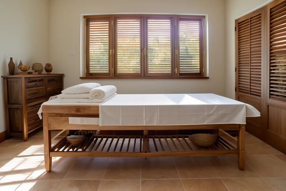 Estantería de madera con herramientas de maderoterapia ordenadas en una cabina de estética pequeña