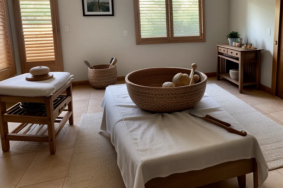 Primer plano de una mini copa sueca de madera para masaje facial profesional.