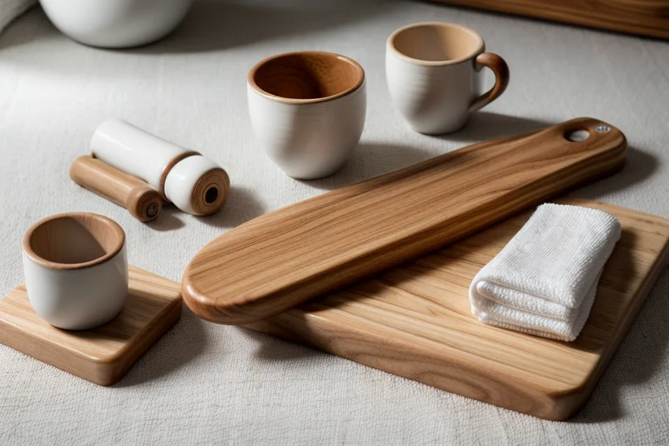 Set de herramientas de madera de haya pulida para maderoterapia facial, listas sobre un paño