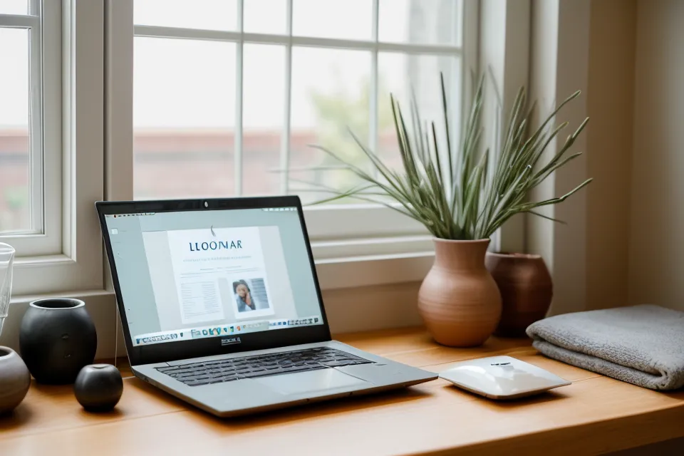 Curso online de maderoterapia facial en la pantalla junto a herramientas de madera preparadas