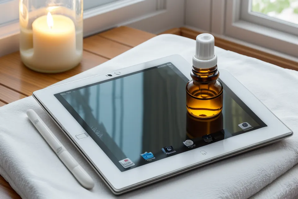 Curso de maderoterapia facial abierto en la tablet junto a toallas limpias, revisando el temario antes de decidir