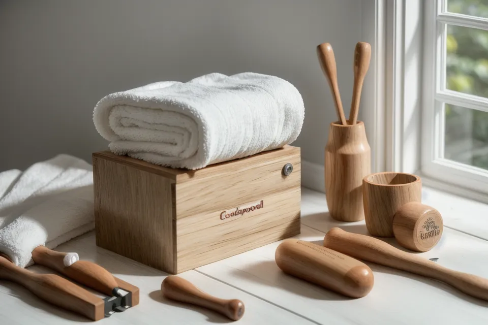 Kit de maderoterapia facial profesional: rodillos y copa de madera de haya sobre toallas blancas