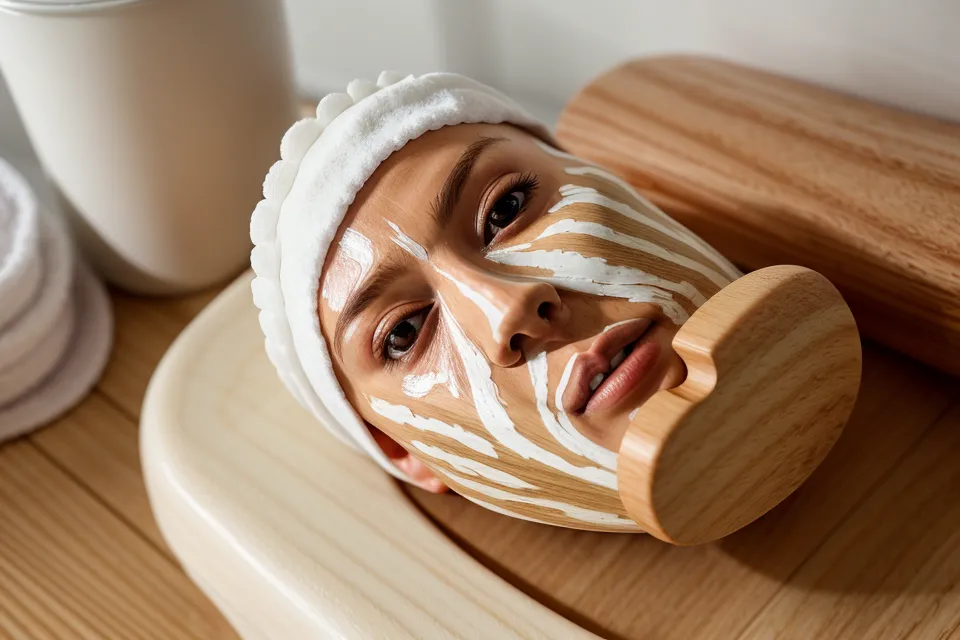 Rodillo de maderoterapia facial junto a un tarro de crema reafirmante profesional.