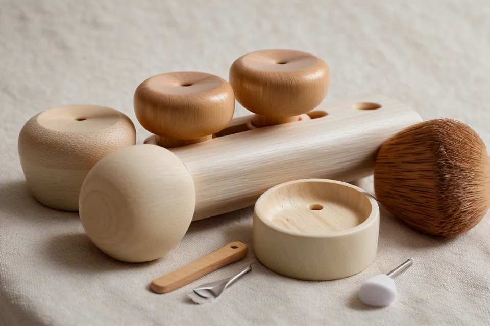 Kit de 5 piezas de madera para maderoterapia facial sobre lino.