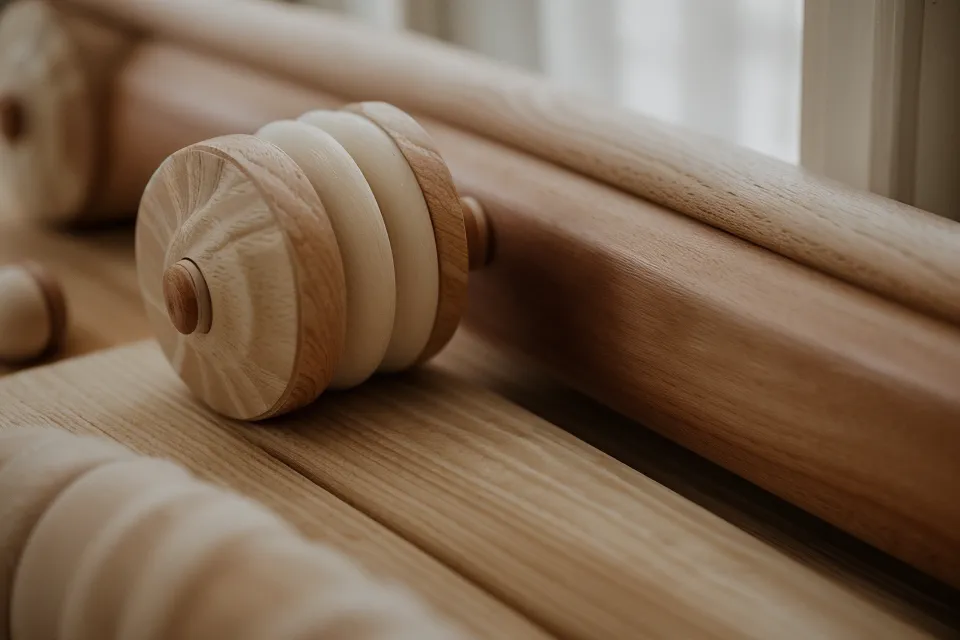 Primer plano de un rodillo estriado de madera para maderoterapia profesional
