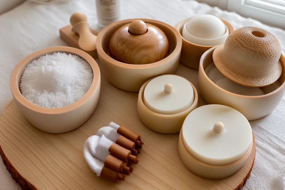 Kit de 5 herramientas de madera para maderoterapia sobre una toalla blanca